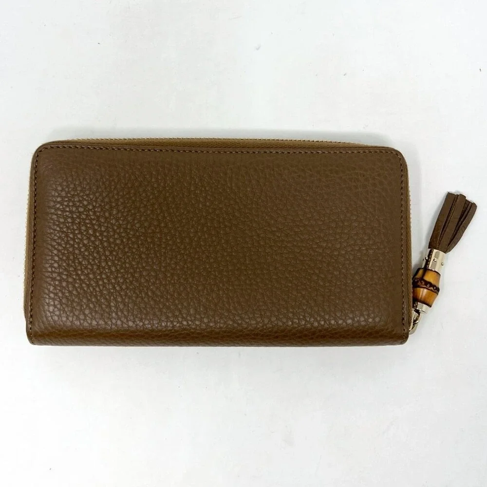 Gucci Brown Leather Zip Around Wallet Bamboo Tassel Large‎